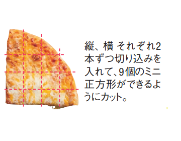コストコのピザをアレンジ。三角形に切る方法。縦横に2本ずつ切り込みを入れて9個のミニ正方形をつくる方法。