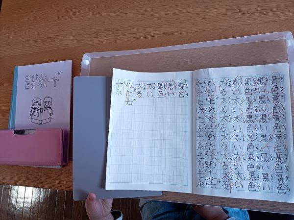 セリア「両面書きわけ下じき」の裏面（グレー面）を漢字練習帳に挟む図