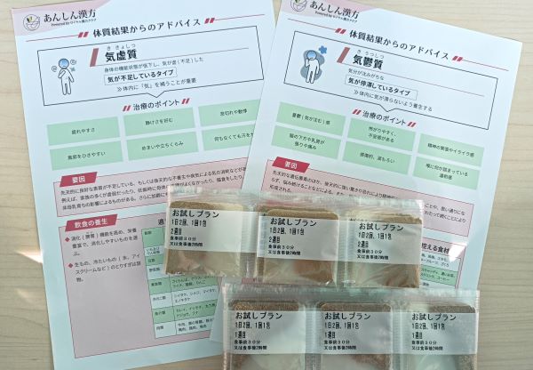 あんしん漢方の体質結果アドバイスと、お試し漢方薬を並べた図