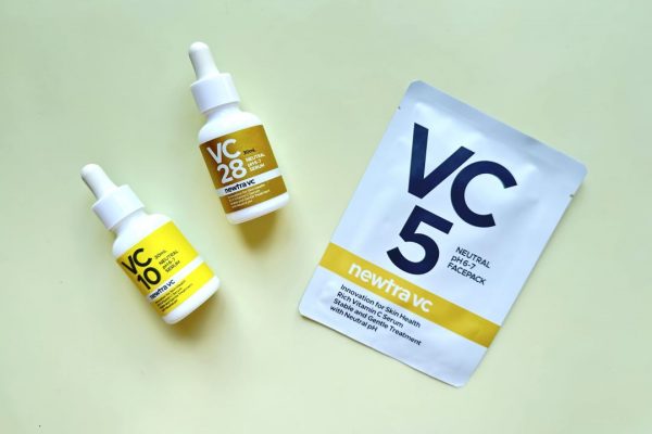 〈左から〉newtra vc 10 30mL ￥6,600、newtra vc 28 30mL ￥16,500、フェイスマスク newtra vc 5 4枚入り ￥2,200（マーベセラー）