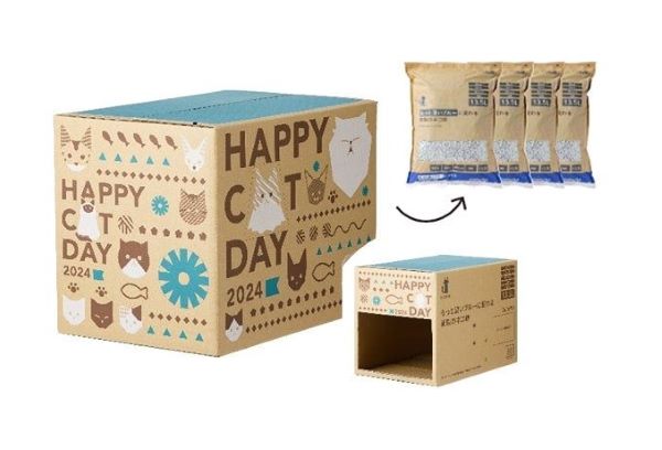 カインズ「猫の日限定デザインBOX もっと濃いブルーに変わる紙製の猫砂13.5L×4袋入り」